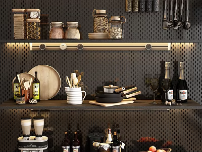 Modern Kitchen Shelf With Organized Spice Jars And Decorative Kitchen Items 3d model