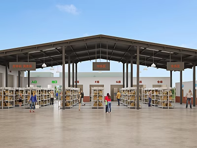 Spacious Open Market Interior With Rows Of Shelves Hanging Signs And People Shopping 3d model