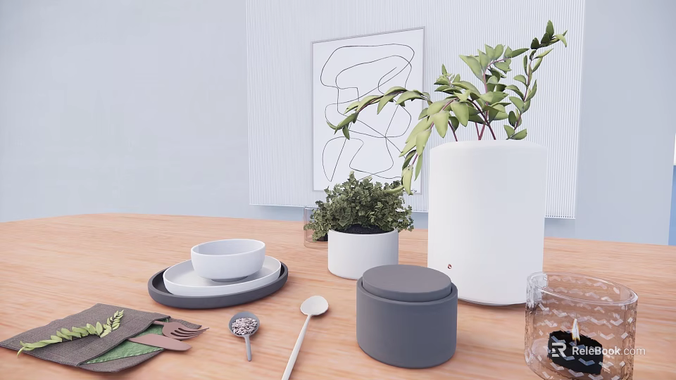 Modern Decorative Ornament Set with Green Plants White Pots and Tabletop Accessories 3d model 