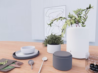 Modern Decorative Ornament Set with Green Plants White Pots and Tabletop Accessories 3d model