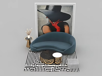 Modern Blue Curved Sofa Gold Base Coffee Table Set with Black White Geometric Rug Artwork 3d model