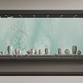 New Display Shelf With White Ceramic Vases And Jars On Light Green Leaf Shadow Wall