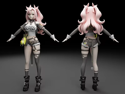 Anime Character Model With Pink Long Hair Front Back Views Gray White Outfit Black Boots 3d model