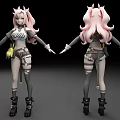 Anime Character Model With Pink Long Hair Front Back Views Gray White Outfit Black Boots