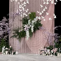 Wedding Scene With Couple Pink Backdrop White Butterflies Purple Flowers And Green Plants