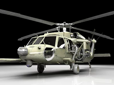 Military Green Helicopter with Rotor Blades Cockpit and Landing Gear 3d model