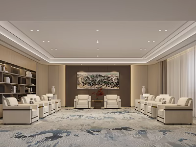 Modern Spacious VIP Meeting Room With Elegant Sofa Seats And Chinese Style Landscape Art Decoration 3d model