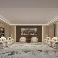 Modern Spacious VIP Meeting Room With Elegant Sofa Seats And Chinese Style Landscape Art Decoration