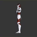 Game And Movie Character In Red And Silver Armor With Outstretched Arms Heroic Warrior