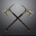 Ornate Crossed Axes With Metal Heads And Wooden Handles As Medieval Weapon