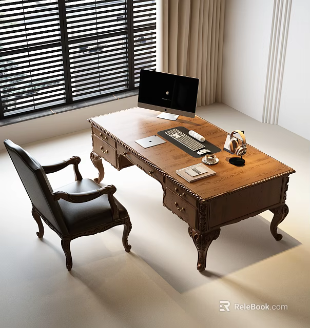 Vintage Wooden Desk Setup with Computer Monitor Keyboard Mouse Pad Notebook and Leather Chair 3d model 