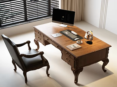 Vintage Wooden Desk Setup with Computer Monitor Keyboard Mouse Pad Notebook and Leather Chair 3d model