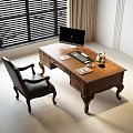 Vintage Wooden Desk Setup with Computer Monitor Keyboard Mouse Pad Notebook and Leather Chair