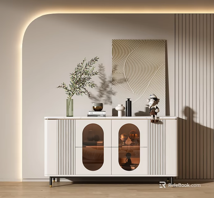 Modern White Entryway Console Cabinet With Glass Doors And Green Plant Ornaments 3d model 