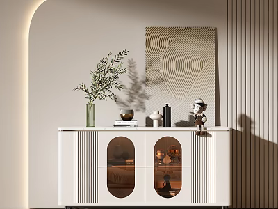 Modern White Entryway Console Cabinet With Glass Doors And Green Plant Ornaments 3d model