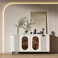 Modern White Entryway Console Cabinet With Glass Doors And Green Plant Ornaments