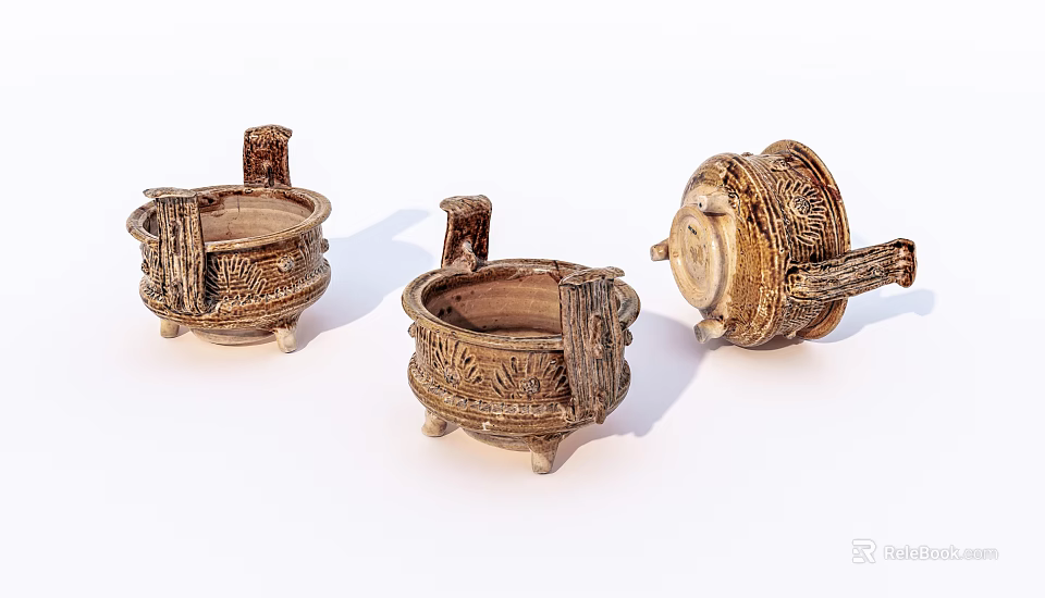 Vintage Carved Cups with Intricate Patterns Handles and Decorative Feet 3d model