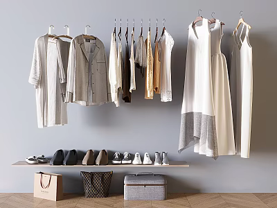 Stylish Clothes Hanging on Wall Hangers with Various Dresses Shoes and Storage Baskets 3d model
