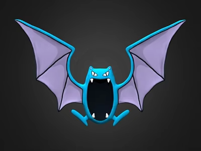 Cartoon Blue Bat Game Movie Character With Purple Spread Wings And Open Mouth 3d model