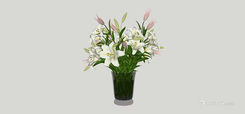 Black Vase With White Lilies Pink Buds And Green Leaves On Simple Background 3d model 