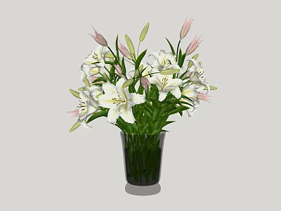 Black Vase With White Lilies Pink Buds And Green Leaves On Simple Background 3d model