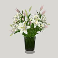 Black Vase With White Lilies Pink Buds And Green Leaves On Simple Background