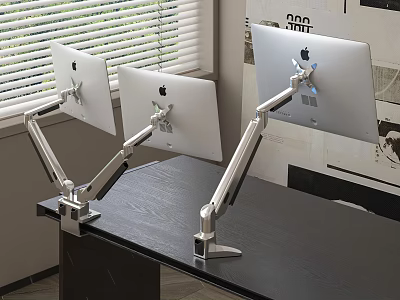 Ergonomic Monitor Stands Supporting Apple Displays On Black Office Desk 3d model