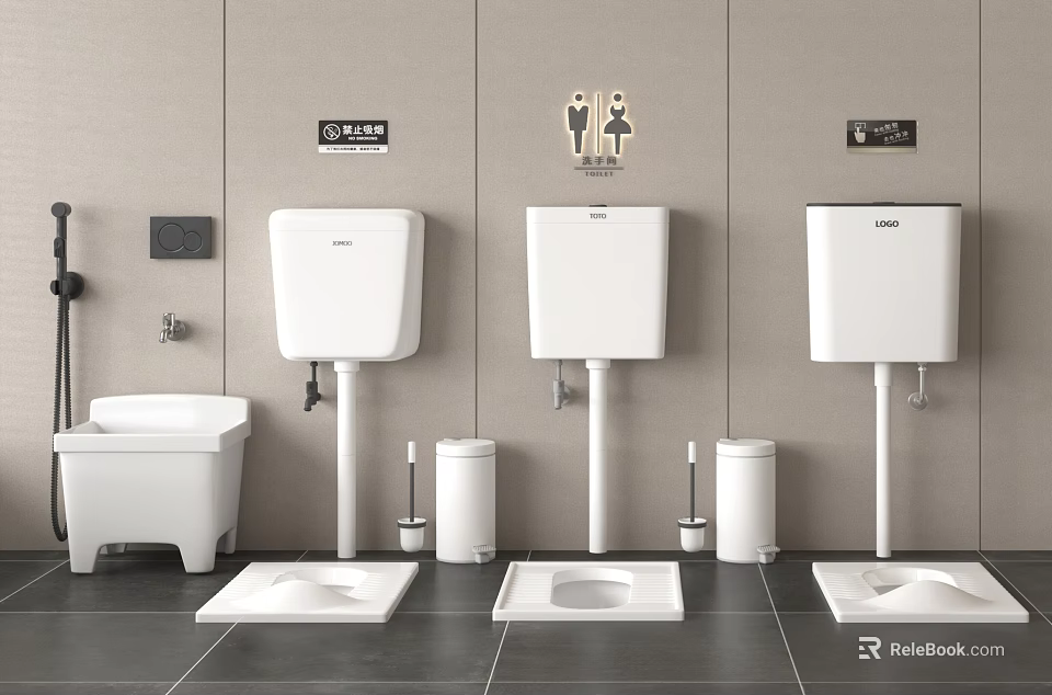 Modern Public Restroom Featuring White Toilet Tanks Squat Toilets Trash Bins And Wall Signs 3d model 