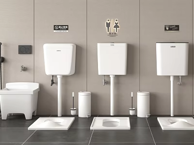 Modern Public Restroom Featuring White Toilet Tanks Squat Toilets Trash Bins And Wall Signs 3d model