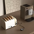 Modern Kitchen Appliances Toaster with Toast and Coffee Machine on Wooden Countertop with Small Plug