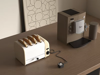 Modern Kitchen Appliances Toaster with Toast and Coffee Machine on Wooden Countertop with Small Plug 3d model