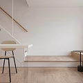 Modern Minimalist Apartment Interior with Wooden Bench Window Blinds Round Side Table and Chair