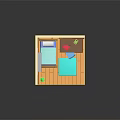 Cartoon Bedroom Scene With Wooden Bed Green Plants Blue Rug Wall Pictures And Air Conditioner