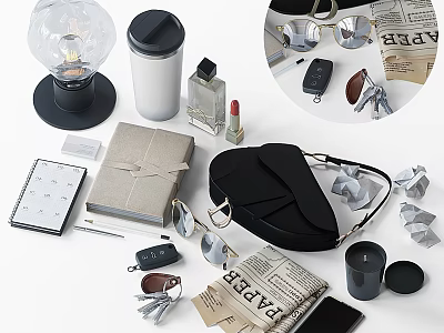 Versatile Decorative Ornament Set with Notebook Perfume Bottle Lipstick Glasses and Candle for Home Tabletop 3d model