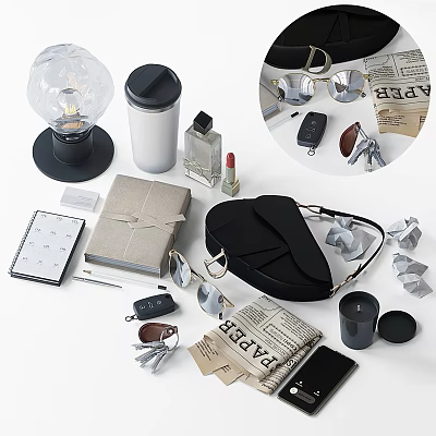 Versatile Decorative Ornament Set with Notebook Perfume Bottle Lipstick Glasses and Candle for Home Tabletop 3d model