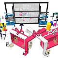 Colorful Gift Boxes With White Bows And Decorative Items On Display Shelves