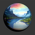 Fairy Tale Village Scene With Mountain Landscape River Stone Bridge And Colorful Houses