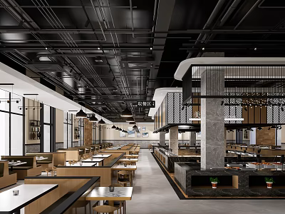 Modern Restaurant Interior with Open Layout Wooden Dining Tables and Pendant Lights 3d model