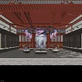 Traditional Chinese Exhibition Hall Featuring Hanging Digital Screens Flower Projections And Display Pedestals