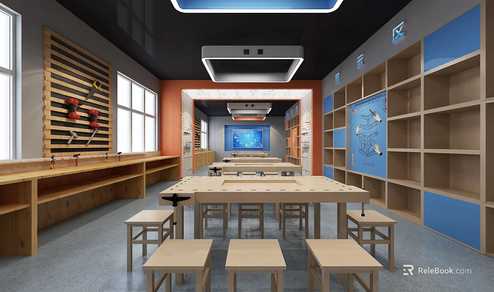 School Technical Classroom With Long Tables Stools Wooden Shelves And Educational Charts 3d model 