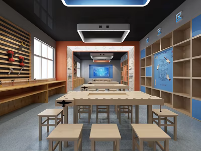 School Technical Classroom With Long Tables Stools Wooden Shelves And Educational Charts 3d model
