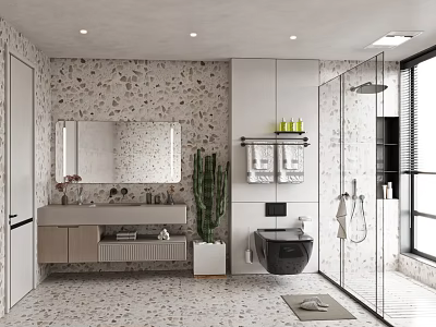 Modern Bathroom Interior With Natural Stone Wall Large Mirror Glass Shower And Cactus Plant 3d model