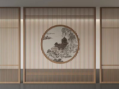 Chinese Style Wooden Screen With Round Landscape Painting And Vertical Slats Design 3d model