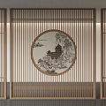 Chinese Style Wooden Screen With Round Landscape Painting And Vertical Slats Design