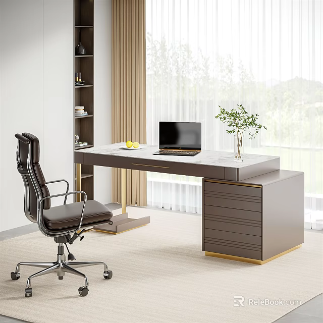 Sleek Modern Desk Interior With Office Chair Laptop Potted Plant And Functional Drawers 3d model 