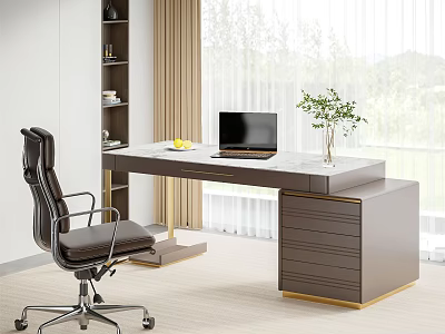 Sleek Modern Desk Interior With Office Chair Laptop Potted Plant And Functional Drawers 3d model
