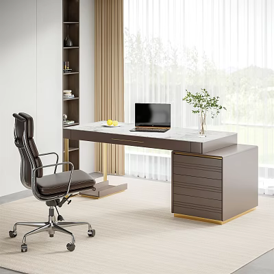 Sleek Modern Desk Interior With Office Chair Laptop Potted Plant And Functional Drawers 3d model