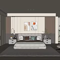 Modern Cozy Bedroom Interior With Comfortable Bed Decorative Paintings Glass Wardrobe Accent Chair And Green Plant