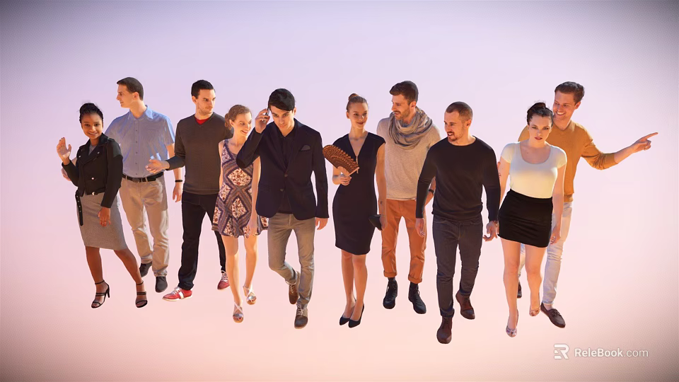 Group of Diverse People Walking Together Wearing Stylish Casual Outfits 3d model 