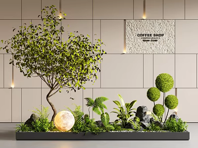 Indoor Landscape Design With Large Tree Rounded Topiaries Glowing Sphere And Coffee Shop Wall 3d model